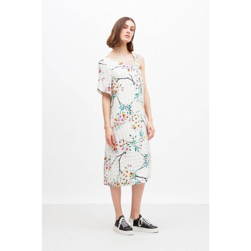 Paul & Joe Paris Anthropologie Ninotta Silk Stripe Floral Midi One Shoulder Dres